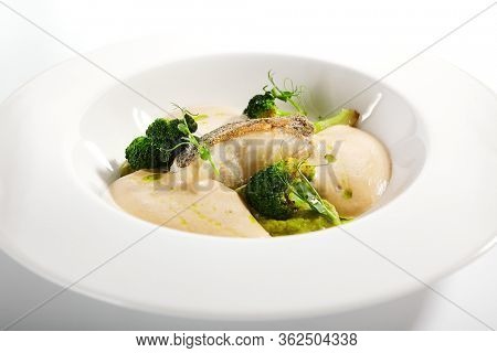 Sea cod fillet close up. Served cuisine. Dish with fish and baked broccoli puree ingredients in white plate isolated. Luxury culinary. Restaurant food portion, delicious supper, main course