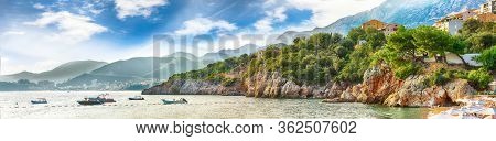 Picturesque Summer View Of Adriatic Sea Coast In Budva Riviera Near Przno Village With Lots Of Boats