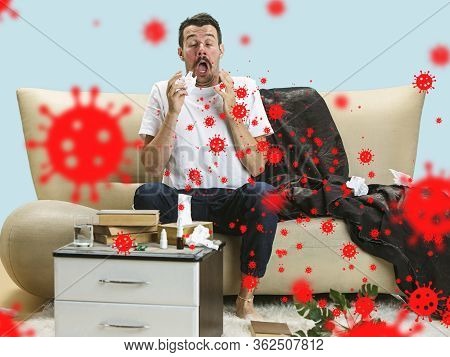 Caucasian Man Sneezing, Illustration Of Virus Spreading, Stop Epidemic. Ill And Fever, Headache. Hum