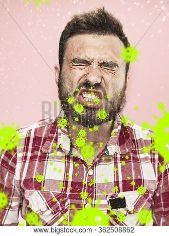 Caucasian Man Sneezing, Illustration Of Virus Spreading, Stop Epidemic. Ill And Fever, Headache. Hum