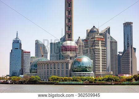 Shanghai, China - April, 13, 2019: Cityscape And Detail Of Bottom Part Of Skyscrapers In Shanghai Vi