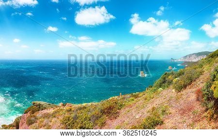 Amazing Spring View Of Nebida And Masua Coast And Pan Di Zucchero On Background.  Location:  Nebida,