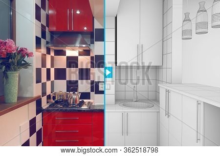 Modern Interior Of Small Red Kitchen Half Finished, Half 3d Illustration Clay Render