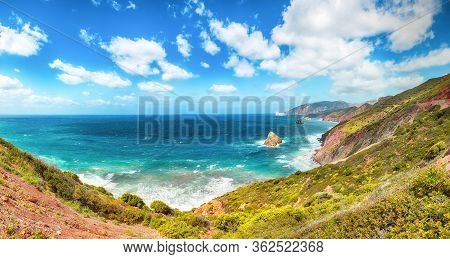 Amazing Spring View Of Nebida And Masua Coast And Pan Di Zucchero On Background.  Location:  Nebida,
