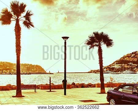 Promenade And Beach Of Port Andratx Evening. West Coast, Mallorca Island, Spain