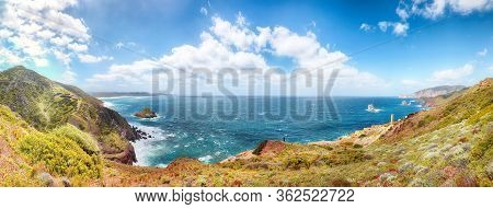 Fantastic Spring View Of Ancient Ruins Of Laveria Lamarmora (miniera Di Nebida) And Nebida Coast. St