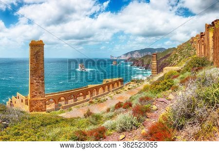 Splendid Spring View Of Ancient Ruins Of Laveria Lamarmora (miniera Di Nebida). Stunning Mediterrane