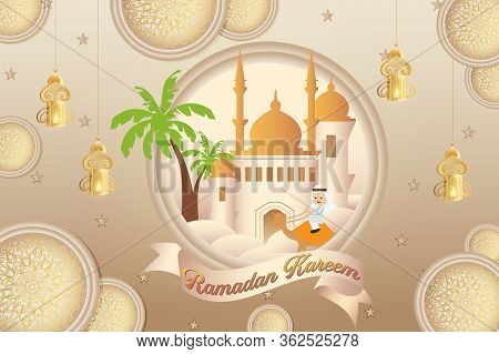 Illustration Of Ramadan Kareem And Ramazan Mubarak With Colorful Desert And Mosque Element