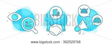 Lighthouse, Arena Stadium And Buildings Line Icons Set. Handshake Deal, Research And Promotion Compl