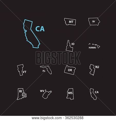 America Icons Set. California And America Icons With View, Florida And Lowa. Set Of Us For Web App L
