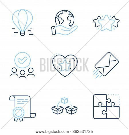 Ranking Star, E-mail And Puzzle Line Icons Set. Diploma Certificate, Save Planet, Group Of People. P