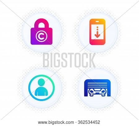 Avatar, Copyright Locker And Scroll Down Icons Simple Set. Button With Halftone Dots. Parking Garage