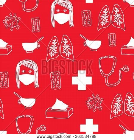 Vector Coronavirus Seamless Pattern With Face Mask, Coronavirus, Lungs, Tea, Stetoskop.