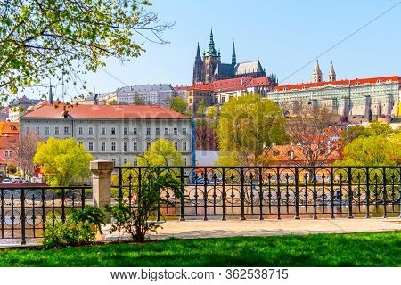 Scenic View Of Prague Castle, Czech: Prazsky Hrad, From Vltava River Embankment On Sunny Spring Day,