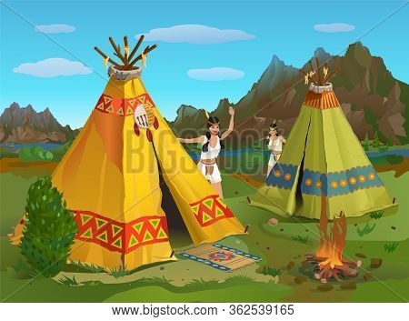 Indian Girls On The Grass Near The Wigwam In The Mountains Of America On A Summer Evening. Life Of A