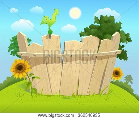 Wooden Fence With Sunflowers On A Green Lawn And Blue Sky With Clouds On A Sunny Day. Sitting Rooste