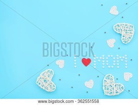 Text I Love Mom Made Of Small Pearl Hearts With Red Felt Heart And Rattan, Felt Hearts, Flower Beads