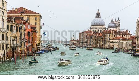 Venice, Italy - 2 november 2018: Street views of the grand canal and ancient architecture in Venice, during acqua alta