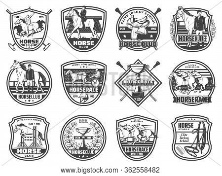 Equestrian Sport, Horse Races And Polo Club, Vector Badges And Emblems. Equine Racing And Jockey Rid