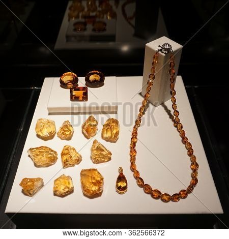Citrine Crystal, Semi Precious Gem. Jewelry Composition Of Necklace Beads, Pendant, Gemstone. Genuin