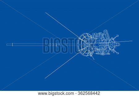 Communication Satellite Concept Outline. Vector Rendering Of 3d. Wire-frame Style. The Layers Of Vis