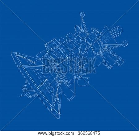 Communication Satellite Concept Outline. Vector Rendering Of 3d. Wire-frame Style. The Layers Of Vis