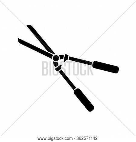 Vector silhouette of scissors for a garden on a white background. For agriculture and caring for plants and vegetables. Flat design of the item without filling. Vector and stock illustration.