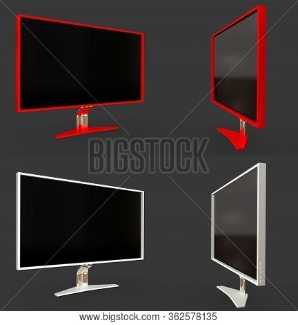 Many Images Of White And Red Modern Computer Display With Fictive Design Isolated On Grey - Very Det