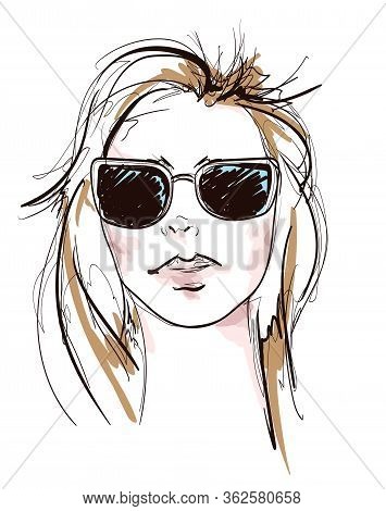 Hand Drawn Beautiful Young Woman Face. Fashion.  Beautiful Woman Face