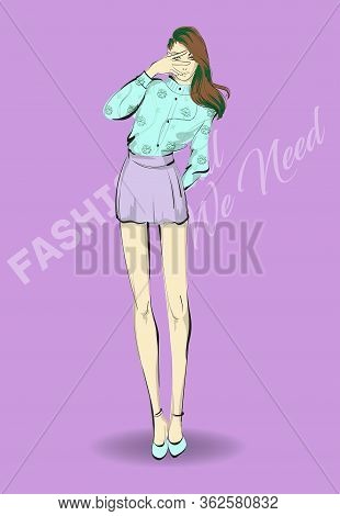 Beautiful Young Woman In Modern Style. Hand Drawn Stylish Woman Portrait. Fashion Lady. Festive Outf