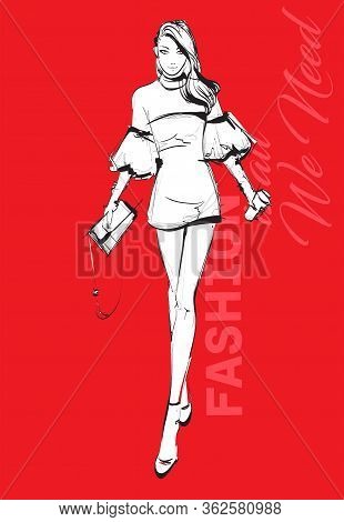 Beautiful Young Woman In Modern Style. Hand Drawn Stylish Woman Portrait. Fashion Lady. Festive Outf