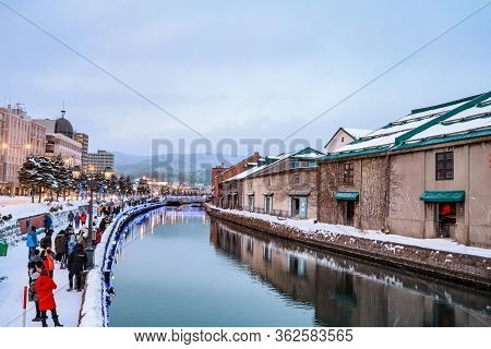 Otaru, Hokkaido, Japan - December 2019 : Otaru Canal In Winter With Twilight Light. One Of Beautiful