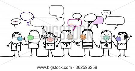 Hand Drawn Cartoon People With Protection Masks And Social Network