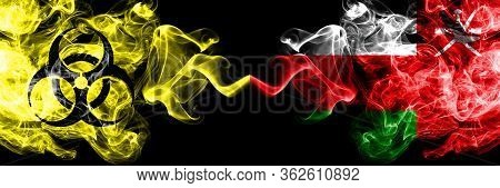 Quarantine In Oman, Omani. Coronavirus Covid-19 Lockdown. Smoky Mystic Flag Of Oman, Omani With Bioh