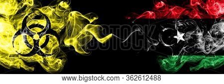 Quarantine In Libya, Libyan. Coronavirus Covid-19 Lockdown. Smoky Mystic Flag Of Libya, Libyan With 
