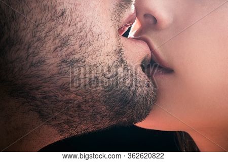 Sensual Kissing. Couple In Love. Intimate Relationship And Sexual Relations. Closeup Mouths Kissing.
