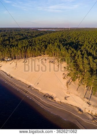 Beautiful Drone Areal Photography View Of Large Dune And Pine Forest Near River Lielupe. Photo Taken