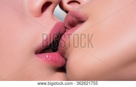 Two Women Kissing. Lesbian Couple Kiss Lips. Sexy Lesbian Lovers Foreplay. Closeup Of Women Mouths K