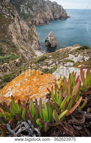 Rock Cliffs By The Sea At Beach Lourical On Cabo Da Roca, Sintra, Portugal