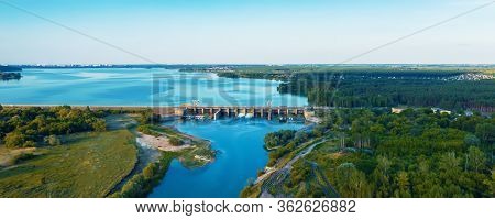 Panorama Of Concrete Dam At Reservoir With Flowing Water, Hydroelectricity Power Station, Aerial Vie