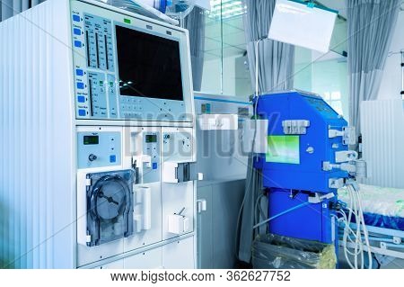 Hemodialysis Machines With Tubing And Installations. Health Care, Blood Purification, Kidney Failure