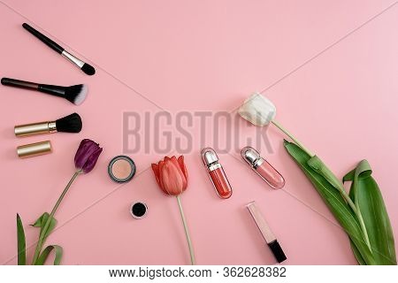 Makeup Kit, Makeup Brushes, Tulip Flower On A Pink Background