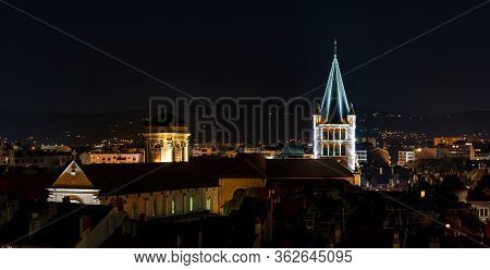 The Night View Of Medieval Insular Palace Palais De L'ile Jail In Annecy, France