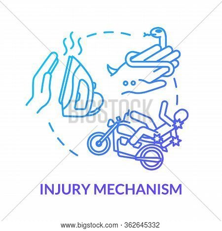 Injury Mechanism And Accident Factors Concept Icon. Iron Burn And Road Accident, Snakebite And Motor