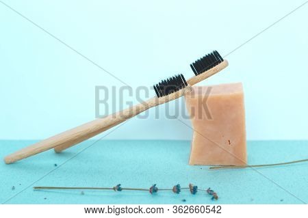 The Concept Of Zero Waste. Bamboo Toothbrushes In A Reusable Bag With Lavender
