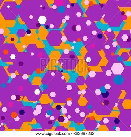 Seamless Vector Multicolor Pattern. Blue, Purple, Orange Random Hexagons. Geometric Polygonal Stock 