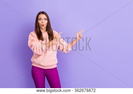 Photo Of Attractive Lady Open Mouth Indicat Finger Empty Space Presenting New Clothes Store Low Pric