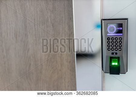 Finger Scan On Machine Security Concept And Safety. Soft Focus On Hand Scanning Finger On Machine Co