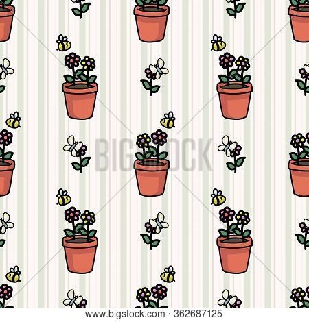 Cute Plant Pot With Bugs Seamless Vector Pattern. Hand Drawn Growing Garden For Stay Home Illustrati