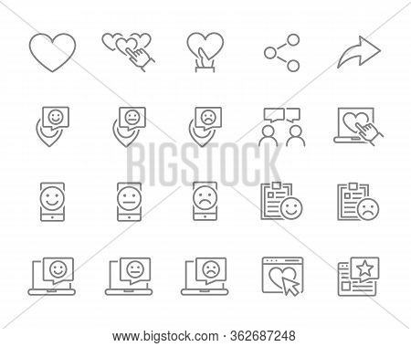 Set Of Customer Survey Line Icons. Quality Control, Diskussion, Positive Feedback, Social Network Ac